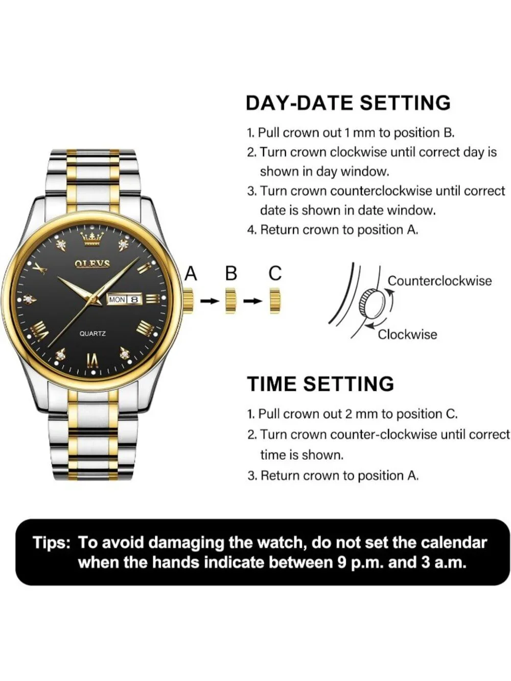 Olevs Men's Silver Black Luxury Stainless Steel Big Analog Quartz Luminous Watch